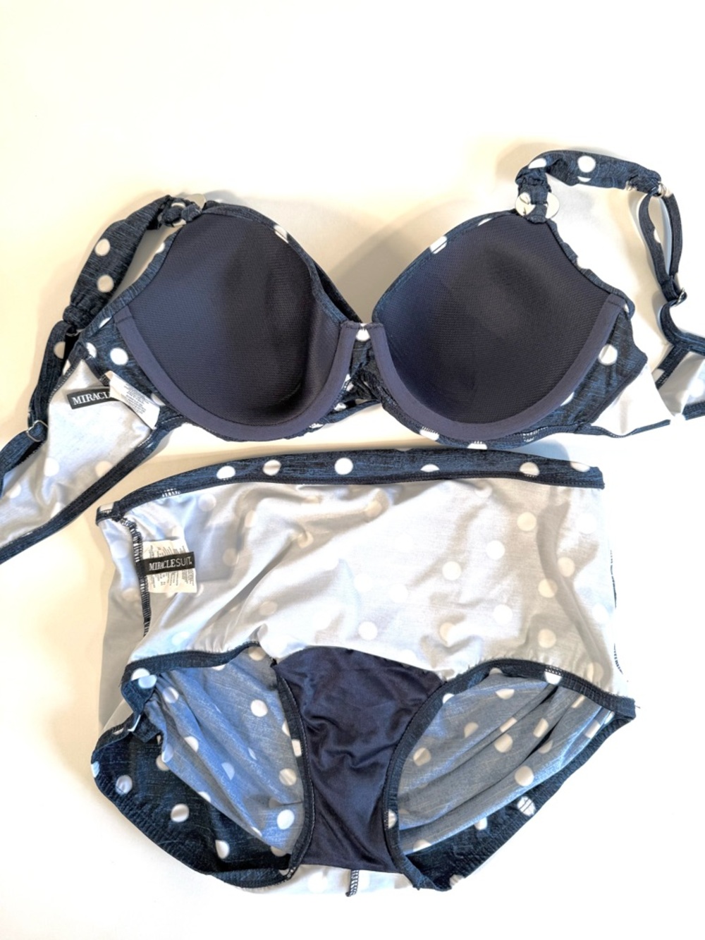 Miraclesuit Equinox Norma Jean Pinup Navy Polka Dot Retro High Waist Bikini Set - Picture 15 of 16